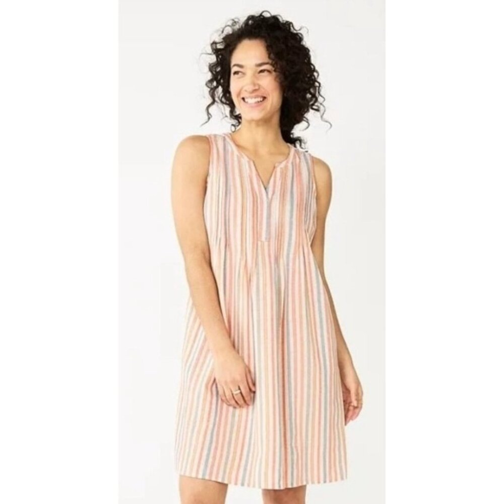 Sonoma A Line Mini Dress Sz MP Striped Pleated Sleeveless Linen Blend Pockets